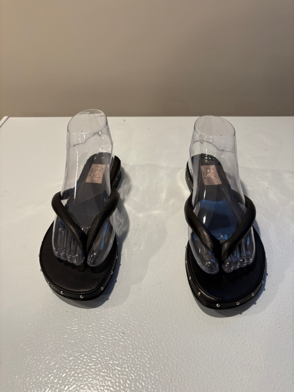 NWOT AGL Black Leather Stud-Trim Flip Flop Sandals